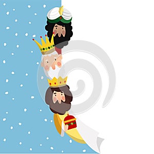 Three magi. Biblical kings Caspar, Melchior and Balthazar. Vector illustration background, web banner for Spanish Dia