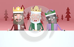 Three magic kings holding a big white placards in a red forest.3d illustration