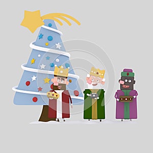 Three Magic Kings looking blue Christmas Tree.3D