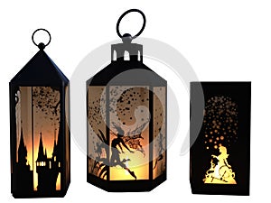 Three magical dark lanterns with fairies and castles carved isolated on a white background