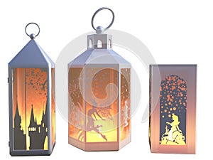 Three magical white lanterns with fairies and castles carved isolated on a white background