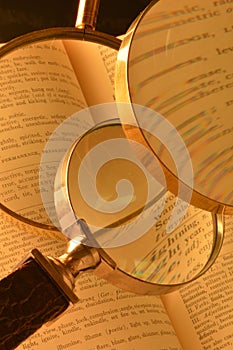 Three magnifying glasses and a thesaurus