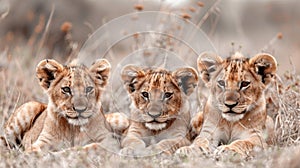 Three majestic lion cubs rest serenely amidst the golden grasses of the African savannah, embodying the continent\'s vibrant