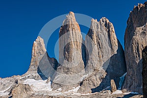 Three major peaks as summit teeth at blue sky In Torres del Paine National Park, Patagonia, Chile