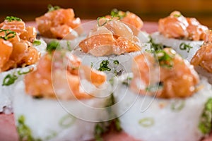 Three maki rolls in a row with salmon, eel and cucumber isolated on white background. Fresh hosomaki pieces with rice