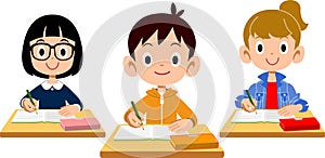 Three male and female elementary school students taking classes