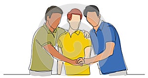 Three male friends showing their friendship holding hands - one line drawing