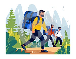 Three male hikers trekking through mountainous terrain, leading figure wearing yellow jacket photo