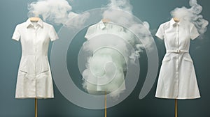 Three mannequins dressed in white with smoke coming out of them. Generative AI image.