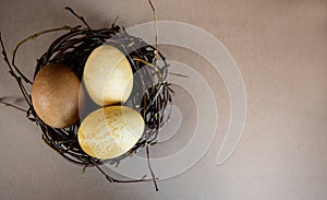 Three marble blue Easter eggs painted by hibiscus, in a nest on a wooden background close-up. The Symbol Of Easter