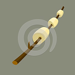 Three marshmallows on stick in flat style for vector illustration about camping