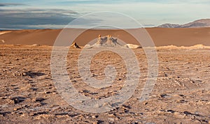 The Three Mary Las tres marias  in sunrise at Valle de la Luna Moon Valley, San Pedro de Atacama Chile. Wide view of stunning su