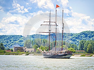 Three masted schooner Oosterschelde under sails on the Seine river for Armada exhibition in France. Cross processed