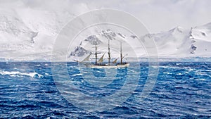 A three masted schooner sailing in Antarctica.