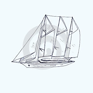 Three mastered schooner yacht type, hand drawn doodle, sketch, black and white illustration