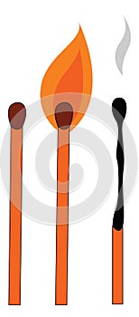 Clipart of three matchsticks, unburnt, glowing and put off aligned over white background, vector or color illustration photo