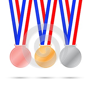 Three medals on white background for sport games. Vector illustration.