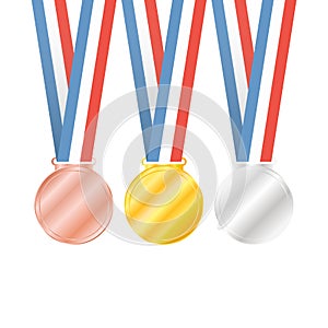 Three medals on white background for sport games. Vector illustration.