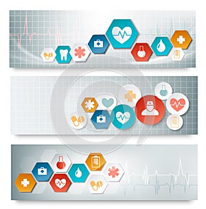 Three medical banners with icons.