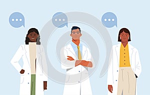 Three medical professionals in lab coats with speech bubbles, flat illustration style on a blue background, concept of