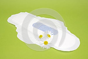 Three medicinal chamomile flowers on the menstrual sanitary pad. Woman critical days, gynecological menstruation cycle. Menstruati