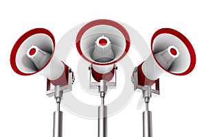 Three megaphones on white background. Isolated 3D illustration