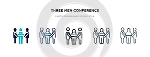 Three men conference icon in different style vector illustration. two colored and black three men conference vector icons designed