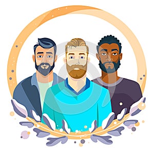 Three Men of different race and skin color portrait in flat modern style.World Men's Day banner.Vector illustration
