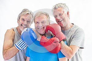 Three men posing in boxing gloves