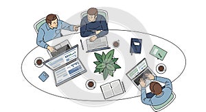 Three men are seated around an