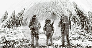 Three men stands at the entrance to the cave.