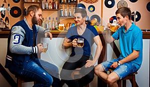 Three men talking and drinking beer in bar