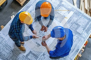 Three men, wearing hard hats and holding blueprints, collaborate on a construction project, Architects and engineers collaborating