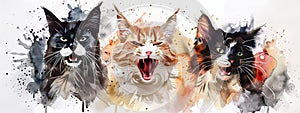 Three menacing cats lined up, exuding an air of ferocity. White background, watercolor painting style