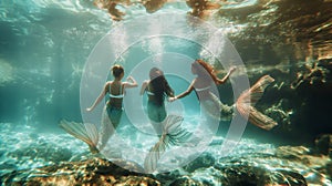 Three mermaids swim together under dappled sunlight in clear water.