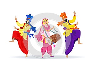 Three merry Sikh people in colorful clothes, men in turbans dancing bhangra, lady with dhol drum