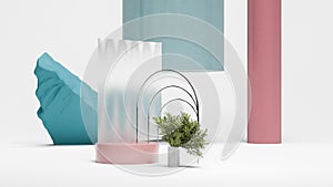 Three metal arcs with small round podium and glass screen. Minimal design. 3d rendering.