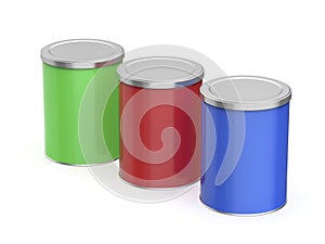 Three metal canisters with different colors