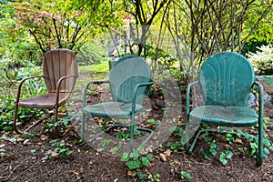 Three metal chairs in the garden