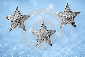 Three Metal Silver Star Christmas Ornaments Blue