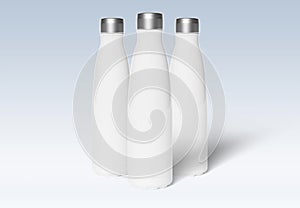 Three metal water bottles mockup on white. Blank sport insulated drink template