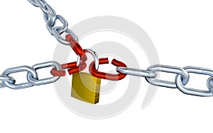 Three Metallic Chains with Three Stressed Link Locked with a Padlock