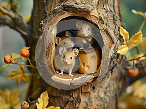 Three mice in a tree house with cheese. Generative AI