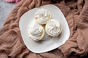 Three mini Cheesecakes with whipped cream icing on a white plate