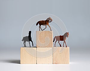 Three miniature racehorses standing on a block of trees shaped like a podium. photo