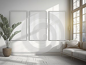 Three minimal white frames in a bright interior with a potted plant and a couch
