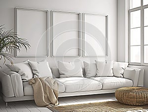 Three minimal white frames mockup in bright interior with design furniture and decor