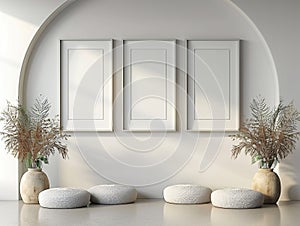 Three minimal white frames mockup in bright interior with plants in vases and white pillows on the floor