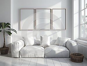 Three minimal white frames mockup in bright interior with white sofa and plant