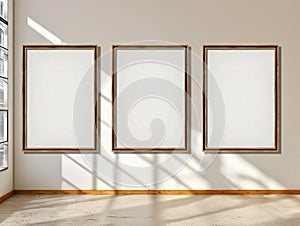 Three minimal wooden frames with passe-partout in bright interior
